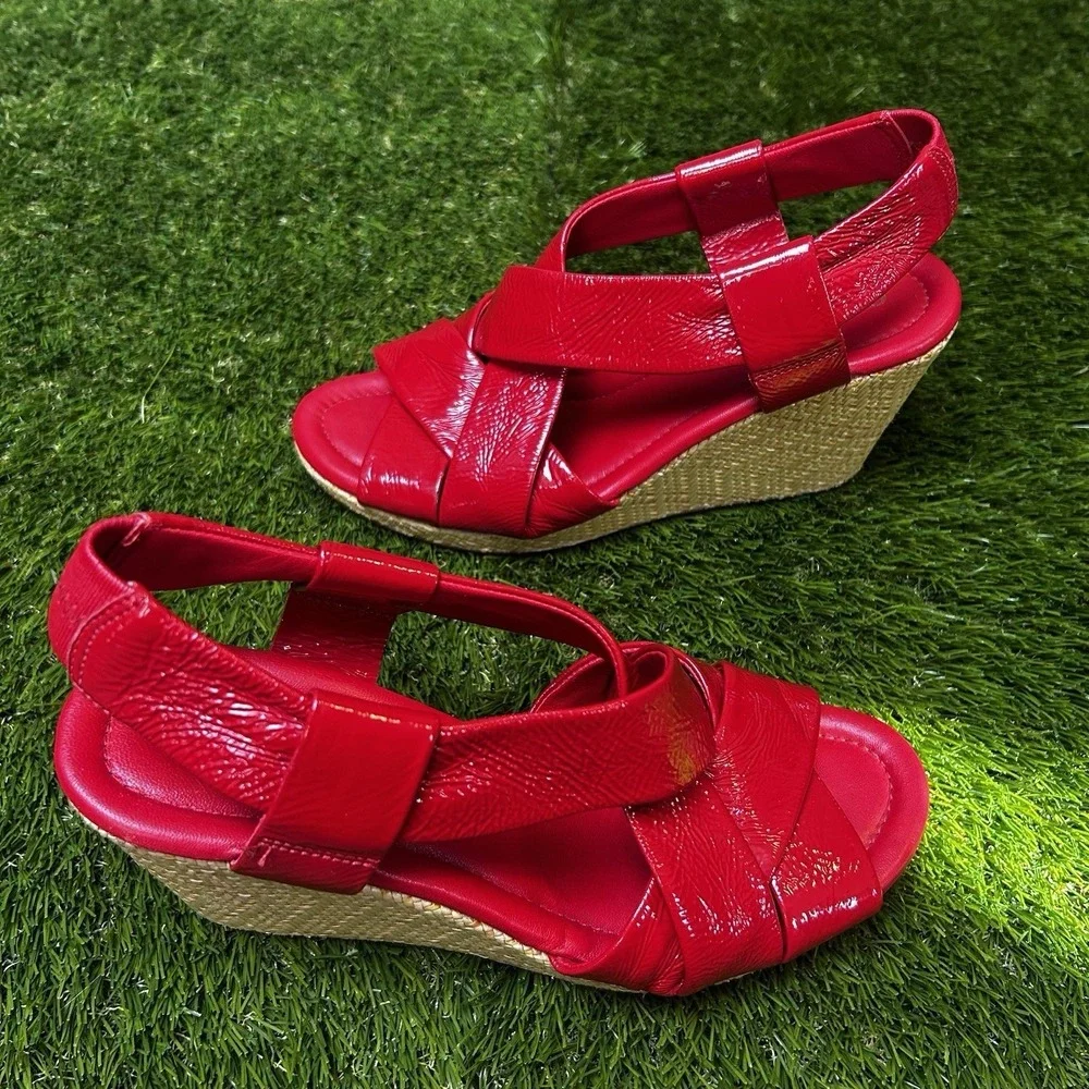 Cole Haan Air Tali Red Patent Leather‎ Crisscross Wedge Sandals Slingback 3.25